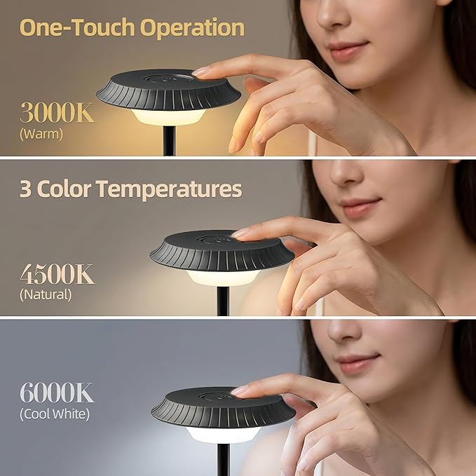 Goodoo Cordless Table Lamp Rechargeable Led Desk Lamp 1800mah Battery Operated 3 Color Stepless Dimming Up Touch Control Night Light (Black)