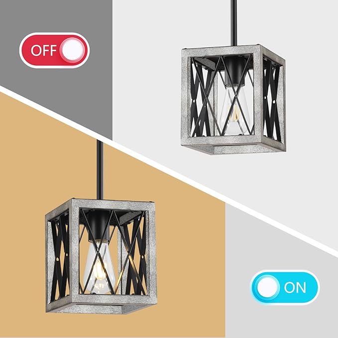 KEESFU Farmhouse Pendant Light with Metal Cage,1 Light Pendant Lighting for Kitchen Island,39 Inch Adjustable Rods for Flat and Slop Ceiling,Kitchen Island Hallway Foyer(2pack