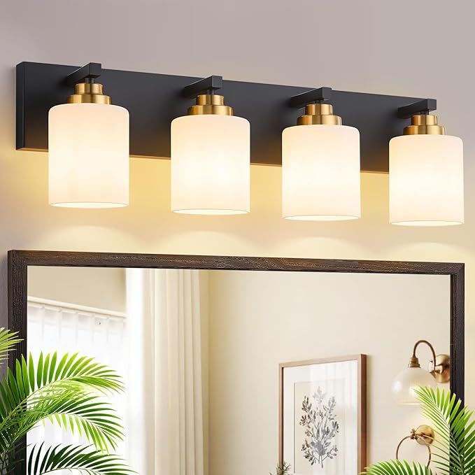 Bathroom Vanity Light Fixture, 4-Light Black and Gold Bathroom Light Fixtures Over Mirror with Milky White Glass Shades, Modern Vanity Lights for Bathroom Living Room Hallway (Bulbs Not Included)