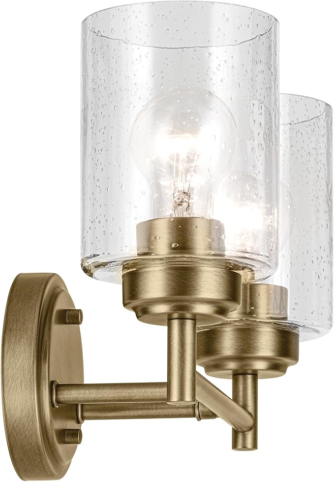 Kichler Winslow 13" 2-Light Bathroom Vanity Light Fixture with Clear Seeded Glass in Natural Brass for Luxe Industrial Style Over Mirror (13" x 9.25" x 6.5"), 45885NBR