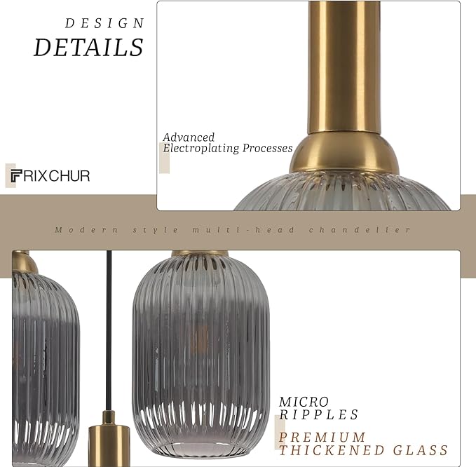 FRIXCHUR 3-Light Pendant, Mid Century Style Glass Shades with E26 Sockets, Adjustable Retro Pendant Light with Gold Accents, Ideal for Kitchen Islands and Living Rooms (Smoky Grey)