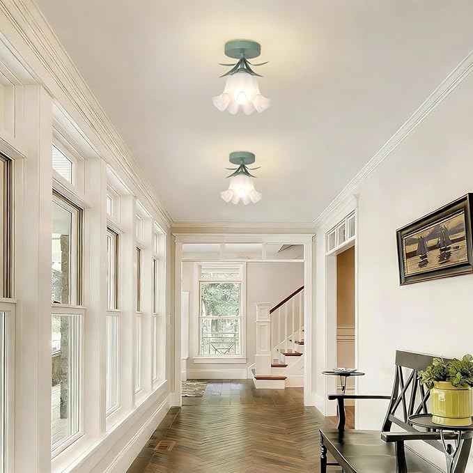 2-Pack Flower Semi Flush Mount Ceiling Light Fixture, Vintage Lily-Of-The-Valley Bathroom Light Fixtures Ceiling Mount, Small Hallway Lighting For Kitchen Sink Closet Laundry Bedroom (Bulb Included)