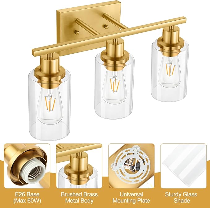 Gold Bathroom Wall Lights Brushed Brass 3-Light Vanity Light Fixtures Modern Wall Sconces with Clear Glass Shade, Bathroom Wall Lamp for Mirror Kitchen Bedroom Hallway Cabinet Porch