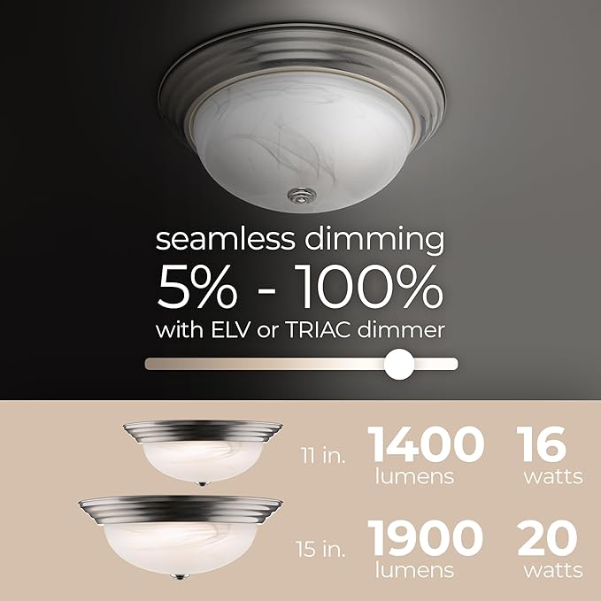 Builder Essential Collection LED 20W 15in 1,900 Lumens Round Flush Mount Ceiling Light with White Marbled Glass and 5-CCT Selectability 2700-3000-3500-4000-5000K and in Brushed Nickel