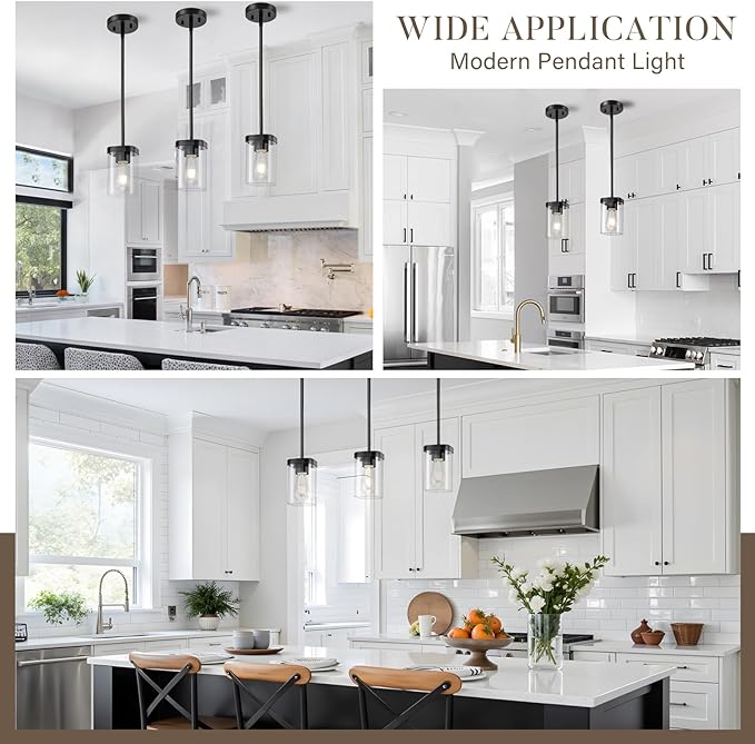 Modern Pendant Light Fixtures 2-Pack, Matte Black Pendant Lights Kitchen Island with Square Transparent Glass, Glass Pendant Light for Dining Room, Bedroom, Living Room, Farmhouse