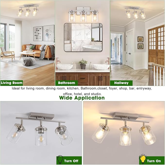FadimiKoo 3-Lights Kitchen Light Fixtures Ceiling Mount, Brushed Nickel Adjustable Semi Flush Mount Ceiling Light with Clear Glass, Multi-Directional Track Spotlights for Kitchen Hallway Bathroom