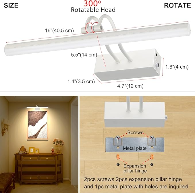 RAIFOOLLY Picture Light, Picture Lights for Wall Cordless, 16inch Picture Lights with Timer and Dimmable, Battery Wall Lights for Display Gallery Painting Art Frame Portrait - White Metal