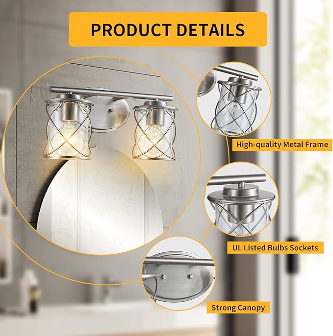 mavcadonf 2-Lights Vanity Lights, Bathroom Light Fixtures Over Mirror, Brushed Nickel Vanity Light, Farmhouse Wall Lights with Clear Glass Shade, Bathroom Wall Lamp for Mirror Kitchen Bedroom