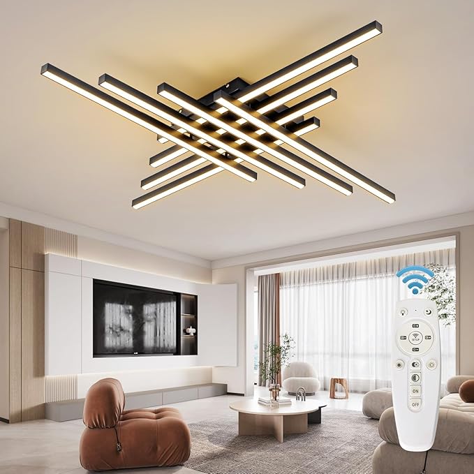 Flush Mount Ceiling Light Fixture 45.7" Modern Black Sputnik Dimmable LED Lamp with Remote Control Ideal for Bedroom Living Room Kitchen Room(8 Lights)