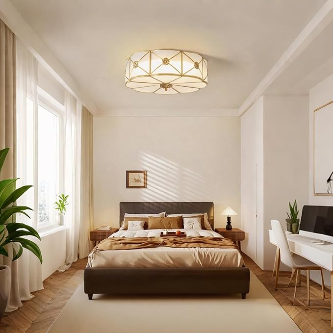 MIXL- Mid Century Brass Flush Mount Ceiling Light, 6-Light LED Brass and Glass Ceiling Lamp, Frosted Glass Shade Modern Light, Close to Ceiling Light Decorative for Bedroom Living Room(23.62" W)