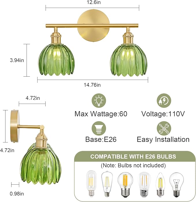 Gold Bathroom Light Fixtures Over Mirror, 2 Light Bathroom Vanity Light Fixture with Tulip Green Glass Lampshade, Vintage Vanity Lights for Bathroom, Bathroom Vanity Lights Over Mirror
