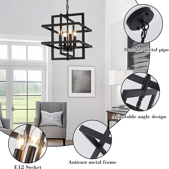 Modern Black Chandelier Rectangle Industrial Chandeliers Dining Room Hanging Pendant Light Fixtures for Kitchen Island Living Room Bedroom Foyer Height Adjustable