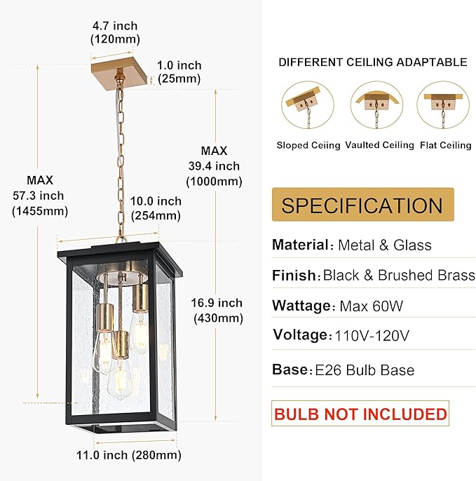 TODOLUZ 3-Lights Large Outdoor Pendant Light, Waterproof Exterior Height Adjustable Hanging Lighting with Seeded Glass Panel & E26 Bulb Base, Modern Porch Ceiling Lamp for Porch Patio Garden