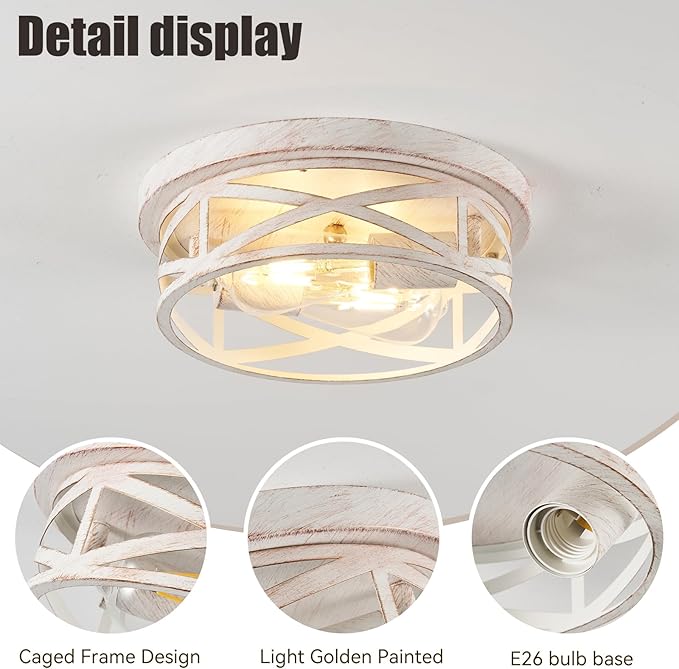2-Pack Cage Flush Mount Ceiling Light Fixtures, Indoor Modern Close to Ceiling Mount Lights, White and Gold, E26 Base House Lights for Kitchen Bedroom Living Room