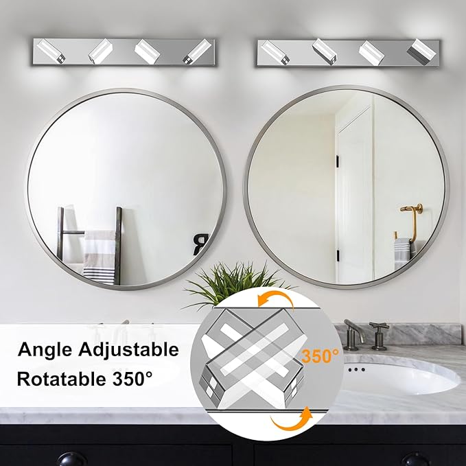 LED Modern Bathroom Light Fixtures, 4-Light 30-Inch Chrome Vanity Lights for Bathroom Lighting Fixtures Over Mirror, 6000K Cool White 350° Rotatable Wall Lamp