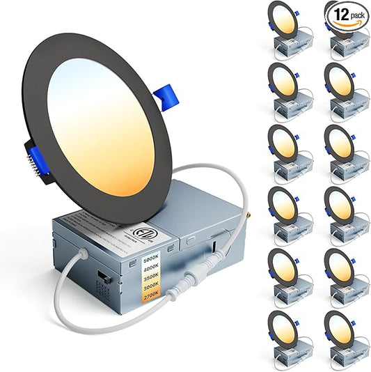 Ensenior 12 Pack 4 Inch LED Recessed Ceiling Light Black, Dimmable, 2700K-5000K 5CCT, 750LM 9W 120V, High Brightness Canless Wafer Downlight - ETL&FCC&IC