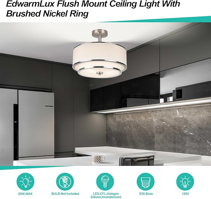 3-Light Semi Flush Mount Ceiling Light, 16" Drum Light with White Fabric Shade, Modern Close to Ceiling Lamp for Living Room Bedroom Dining Kitchen Hallway Entry (Brushed Nickel)