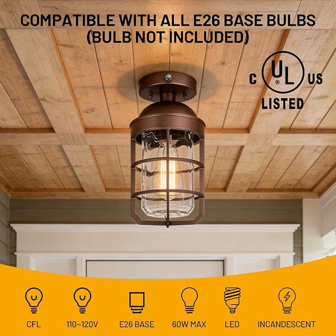 Outdoor Ceiling Lights for Porch with Dusk to Dawn Sensor, Outdoor Semi Flush Mount Ceiling Light Fixture with Water Ripple Glass for Front Porch Entryway Patio, Set of 2
