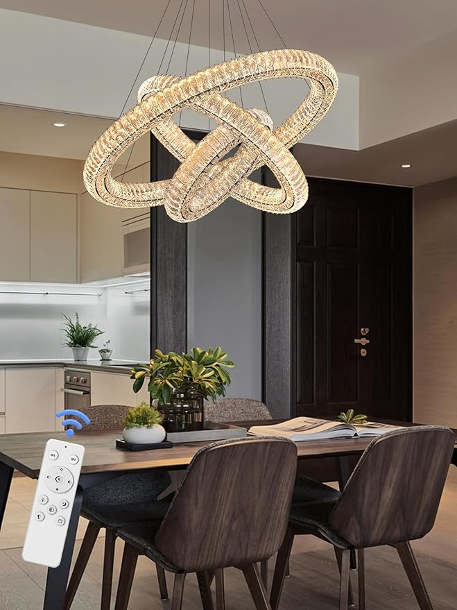 3 Ring Chandelier for Living Room Black Crystal Ring Chandelier for High Ceiling Foyer LED Dimmable 3000-6000K D32''+D24''+D16''