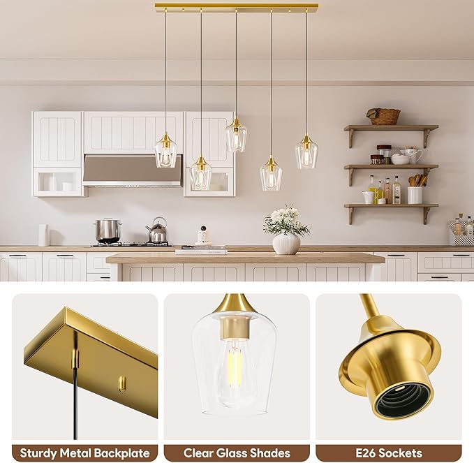VONLUCE Pendant Lights Kitchen Island, Brushed Gold Pendant Light Fixtures with E26 Base & Adjustable Cable, Modern Pendant Lighting with Glass Shade for Living Room Bedroom Hallway, 5-Light