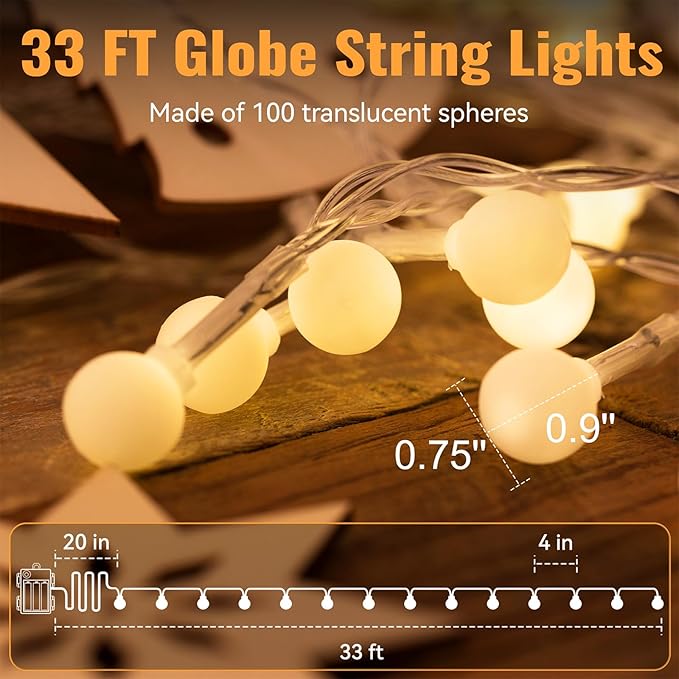 WERTIOO Globe String Lights Battery Operated – 33ft 100 LED Globe Lights with Remote, 8 Modes & Timer – Warm White String Lights for Bedroom, Christmas Tree, Garden, Tent, Camping, Indoor & Outdoor