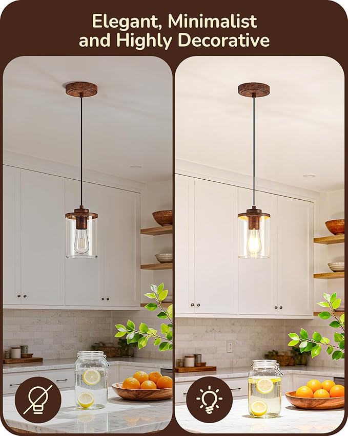 EDISHINE 2 Pack Farmhouse Pendant Lights Kitchen Island, Adjustable Pendant Light Fixtures with Brown Wood Grain Finish and Clear Glass Shade, Island Lights for Kitchen, Hallway(Bulb Not Included)