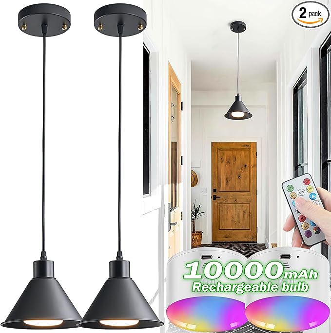 Battery Operated Pendant Light Set of 2, RGB Color Changing Rechargeable Hanging Light with Remote Up to 50 Hours Use, Vintage Pendant Light No Wiring for Bedroom Living Room(Black)