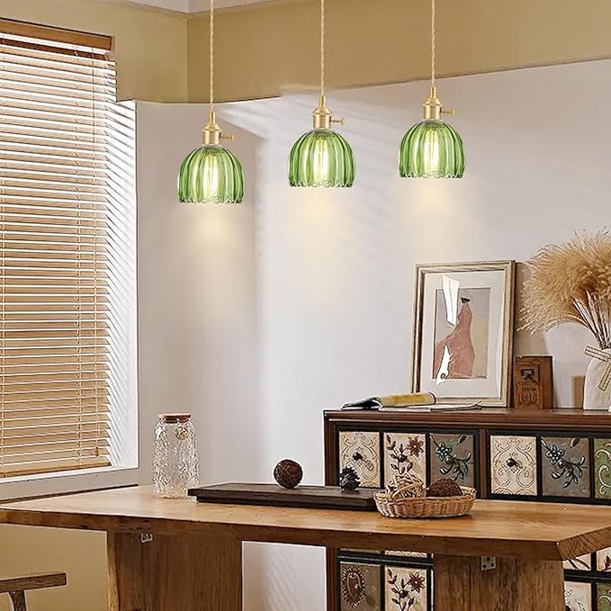 Mini Pendant Lights Kitchen Island, Small Adjustable Pendant Light Fixture with Green Tulip Glass Lampshade, Vintage Gold Pendant Lighting, Pendant Light for Bedroom Dining Room Hallway