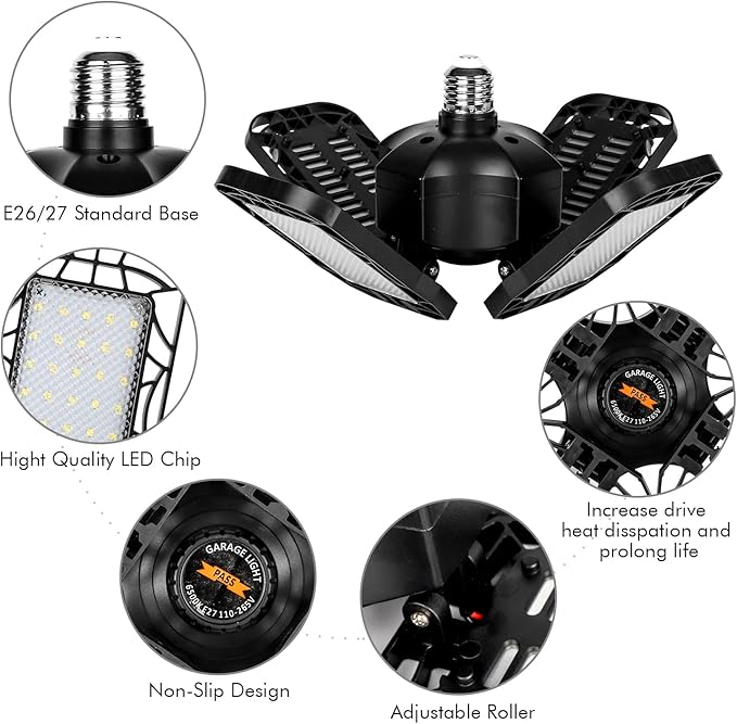 Tudoccy LED Garage Light 4 Pack, 180W Ultra Bright LED Shop Light with 4 Adjustable Panels, 18000LM E26/E27 Base Deformable Ceiling Fixtures for Garage, Workshop, Attic, Basement, Barn (Black-4 Pack)