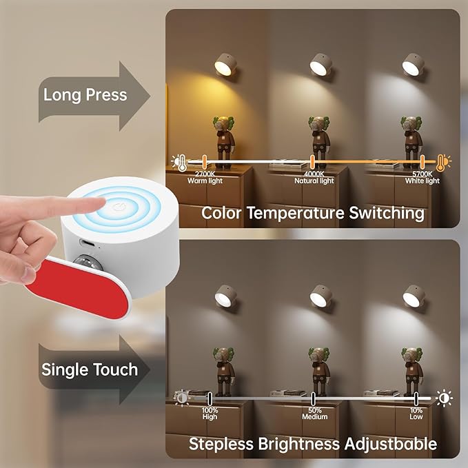 Deyagoo 2PACK Romote LED Wall Sconce - Rechargeable Wall Light, 3 Colors & 3 Brightness Levels, 360? Magnetic Rotating Head, Bedside Reading Lamp, Easy Install Battery Operated Lamp White