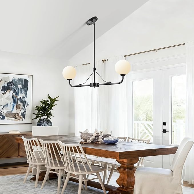 Klgxnrd 2 Lights Black Linear Chandelier, Mid Century Modern Kitchen Island Lighting, Dining Room Light Fixtures Over Table Hanging, Milk White Globe Glass Shade