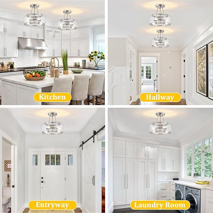 Brushed Nickel Modern Ceiling Lights 3-Light Hallway Light Fixtures Semi Flush Mount Kitchen Ceiling Lighting Drum Glass Entryway Chandelier for Bathroom Foyer Laundry Dining Room Bedroom