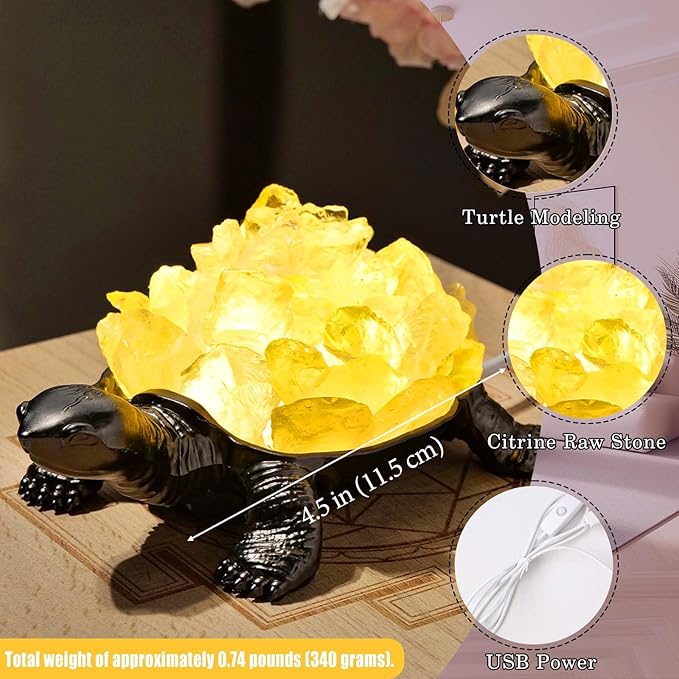 Runyangshi Natural Citrine Turtle Night Lamp Healing Crystal Bedroom Bedside Table Lamp USB Port Home Decor Women Men Gift