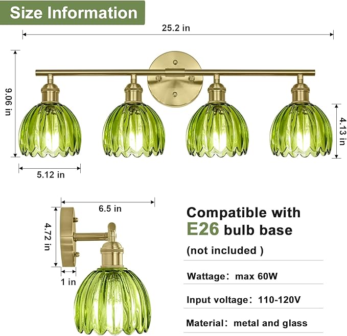Vintage Bathroom Light Fixtures,4-Light Hardwired Vanity Lights with Green Tulip Glass Shade,Gold Bathroom Vanity Light for Mirror Restroom,E26 Socket,25.2 in(Bulbs Not Included)