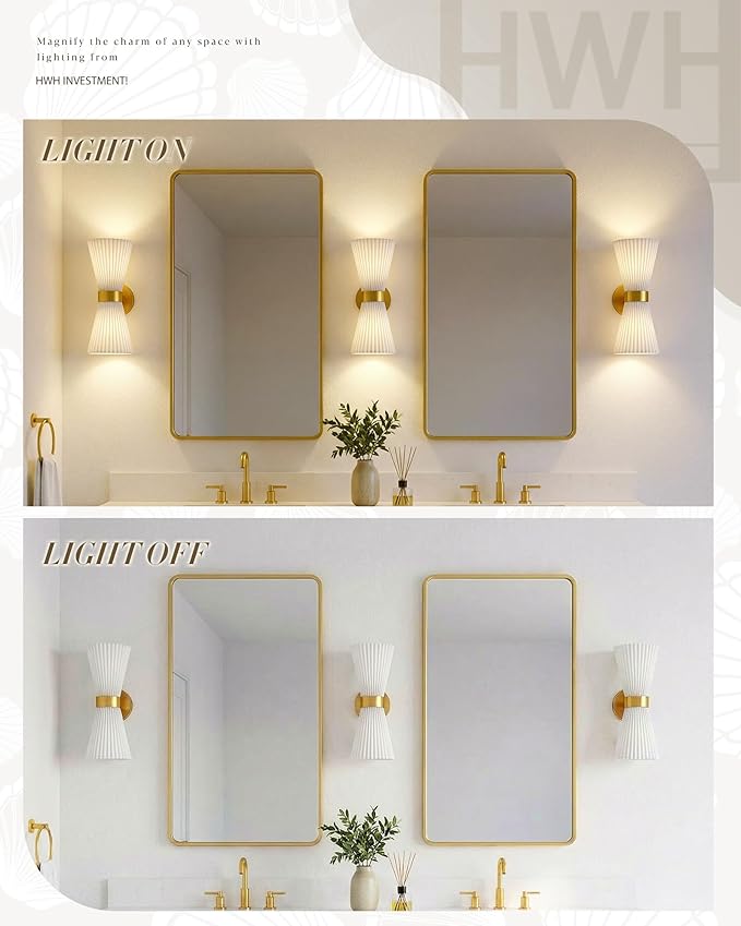 Wall Sconces Set of Two, HWH 14.3 Inch Gold Bathroom Light Fixtures with Milk White Striped Fabric Shade, Modern Wall Light fixtures for Living Room Bedroom, 5HZG97B-2W-2PK BG-FB