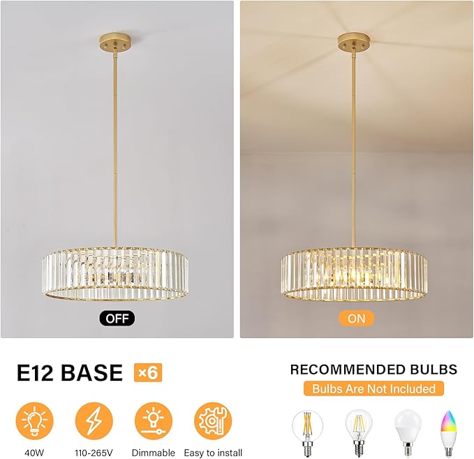 Glod Crystal Ceiling Light Fixture, Modern Semi Flush Chandelier, Round Hanging Lighting Chandeliers for Dining Room, Kitchen, Bedroom, 6-Light, 19.68 Inch