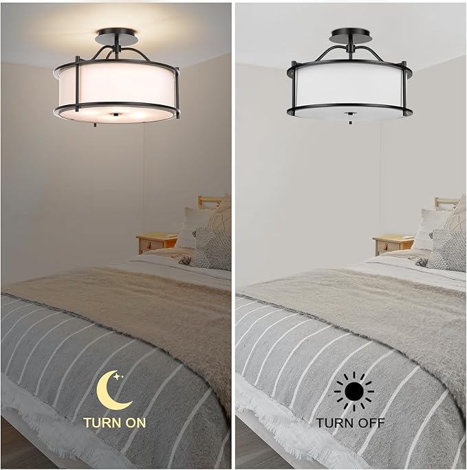 FRIDEKO HOME Semi Flush Mount Ceiling Light - 15.7 Inch Fixture with Metal Frame Fabric Shade for Living Room, Bedroom, Kitchen, Dining Room, Entryway, Hallway