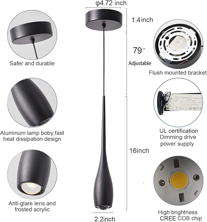 Black Pendant Lights Kitchen Island, Modern LED Pendant Light Fixtures, Small Mini Pendant Lighting Dimmable Hanging for Bathroom, Bar, Dining Room, Bedroom（2-Pack）