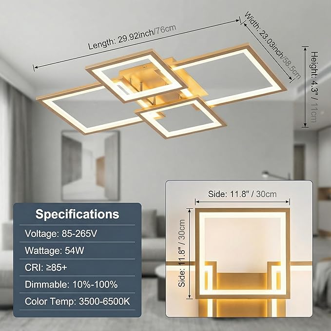 Modern LED Ceiling Light, Square LED Flush Mount Ceiling Light, Dimmable Kitchen Light Fixtures with Remote&APP, Close to Ceiling Lighting Fixture for Dining Room Kitchen Living Room Bedroom(Gold)