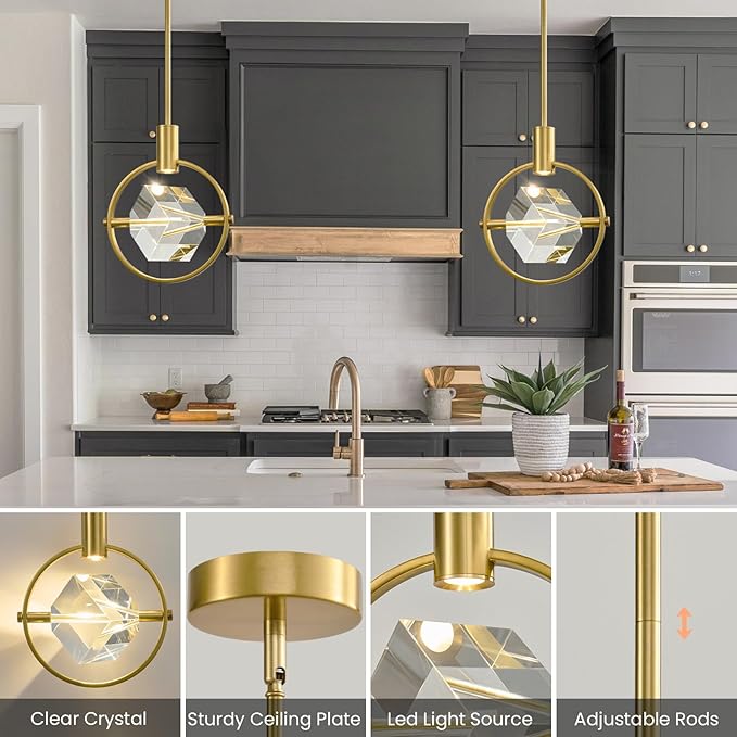 Modern Crystal Led Pendant Light: Gold Circular Pendant Lights Over Kitchen Island - Luxury Dimmable Crystals Hanging Lighting - Contemporary Pendants Light Fixtures for Bedroom Bathroom Living Room