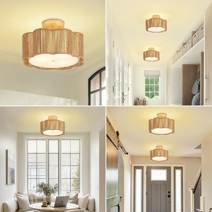13 Inch Rattan Flush Mount Ceiling Lights 3 Lights Boho Farmhouse Ceiling Light Fixtures Wicker Hand Woven Light Fixtures for Dining Room Kitchen Bedroom Foyer Hallway Entryway
