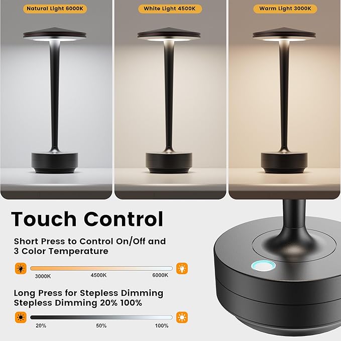 Cordless Table Lamp Rechargeable,6000mAh Battery Operated LED Desk Lamp 3 Color Stepless Touch Dimming,Waterproof Portable Memory Function Light for Bedroom,Outdoor,Patio,Dining,Restaurant Black 2P