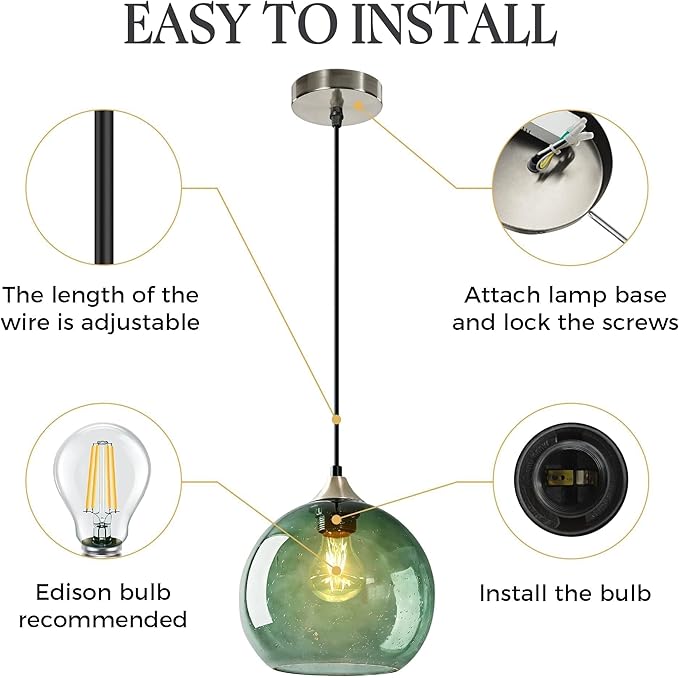 9.1in Large Green Glass Pendant Light for Kitchen Island, 2-Pack with Extra LED Bulbs & 4.92ft Adjustable Cord | Modern Minimalist Lighting for Dining Room, Living Room, Entryway