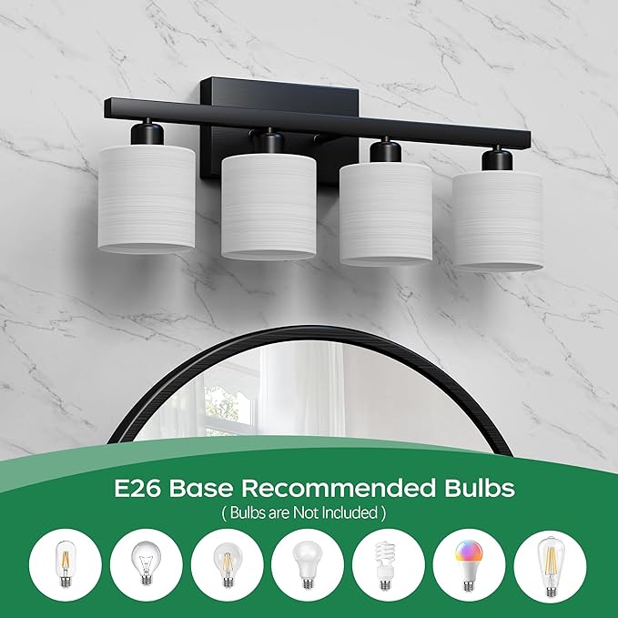 PARTPHONER Bathroom Light Fixtures, Bathroom Lighting Fixtures Over Mirror, Interior Classic Vanity Lights, Modern Vanity Light with Textured White Glass Shade, Matte Black, 4-Light