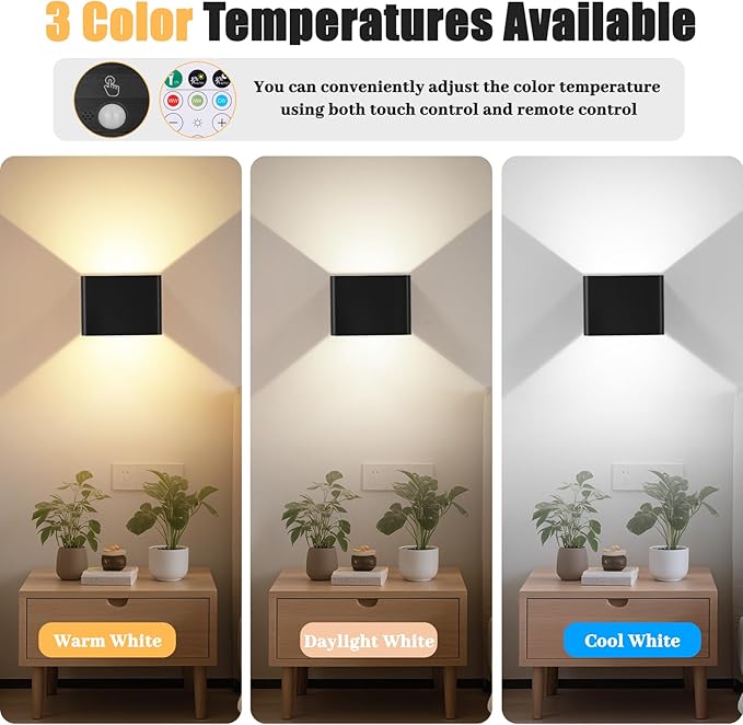 Yochoice Motion Sensor Wall Sconces with Remote Control, 6000mAh Black Wireless Touch Control Rechargeable Lamps with 3 Color Temperatures, LED Up Down Battery Operated Wall Lights Indoor, 2-Pack