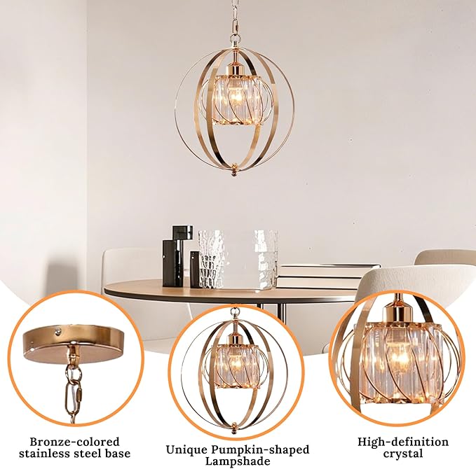 FRIXCHUR Gold Crystal Pendant Light, Adjustable Hanging Light Fixture with Pumpkin-Shaped Crystal Shade, E26 Base Metal Lantern Pendant Ceiling Light for Kitchen Island, Dining Room, Entryway, Foyer