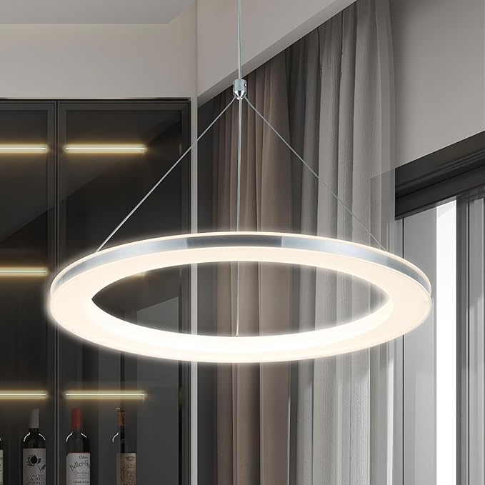 CHYING LED Pendant Lights Kitchen Island, 15.8" 18W Warm White Modern Ring Chandelier, Adjustable Height Silver Hanging Pendant Ceiling Light for Dining Room Bedroom Hallway Entryway, 3000K