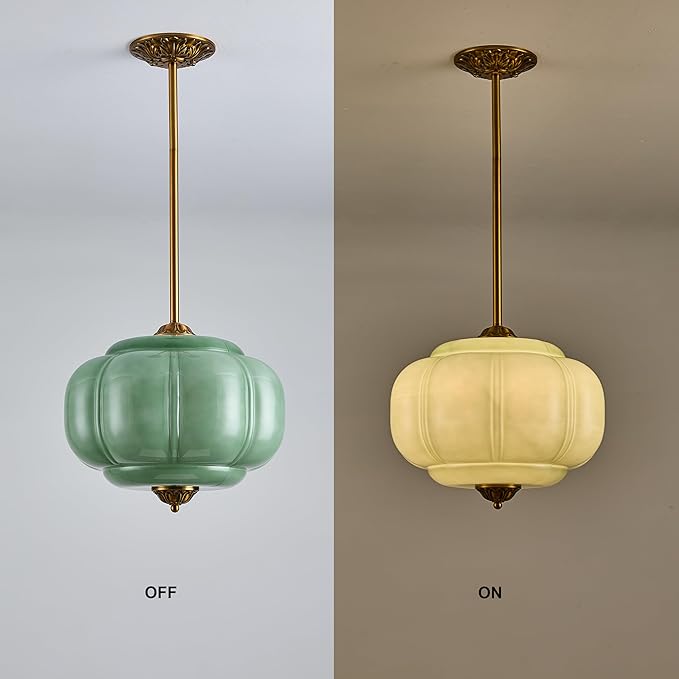 15-Inch Vintage Semi Flush Mount Ceiling Light, Green Glass Chandelier with Antique Brass Finish, Mid Century Modern Schoolhouse Pendant Light Fixtures for Kitchen, Hallway, Dining Room