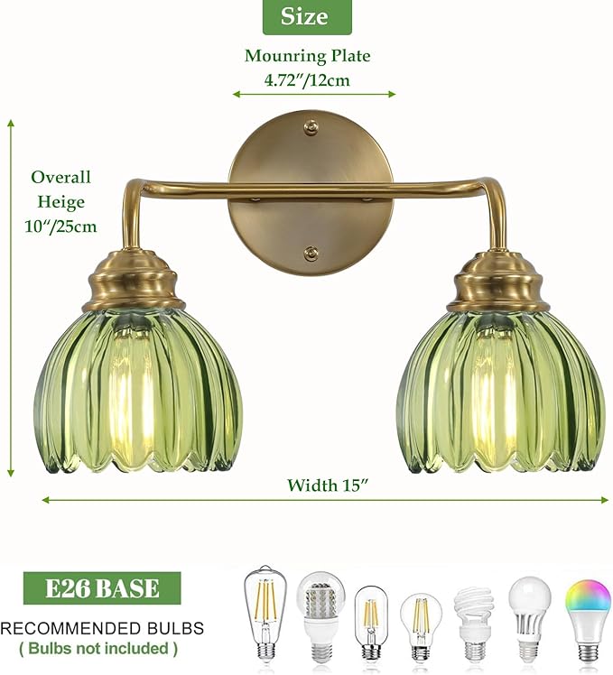 2 Light Vintage Bathroom Light Fixtures, Gold Bathroom Vanity Light, Brass Finish with Green Tulip Glass Shade, Wall Lighting for Bedroom, Living Room, Hallway,E26 Base