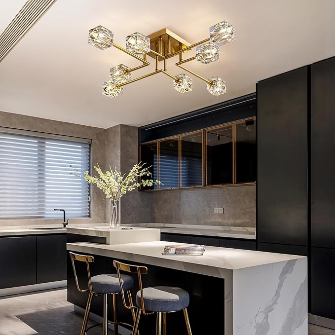 Modern Crystal Ceiling Light,Semi Flush Mount Ceiling Light Fixture with 8-Lights,Gold Sputnik Chandeliers for Bedroom,Dining Room,Farmhouse Kitchen,Office,Living Room